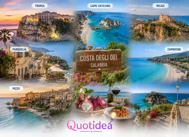 Tropea e Costa degli Dei in Calabria a settembre Collage della Costa degli Dei in Calabria con Tropea, Capo Vaticano, Ricadi, Parghelia, Zambrone e Pizzo