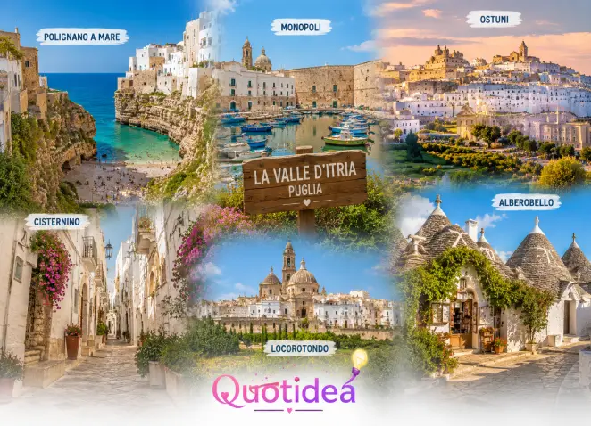 Valle d’Itria in Puglia: Monopoli, Ostuni e i borghi da visitare Collage della Valle d’Itria in Puglia con Polignano a Mare, Monopoli, Ostuni, Cisternino, Locorotondo e Alberobello