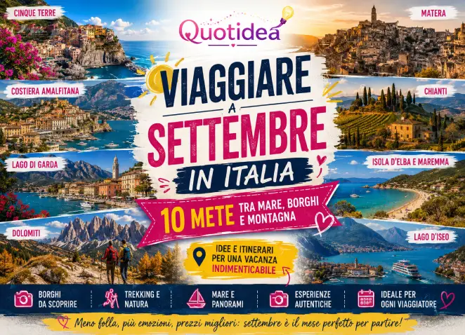 Viaggiare a settembre in Italia: collage di mete tra mare, borghi, natura e montagna