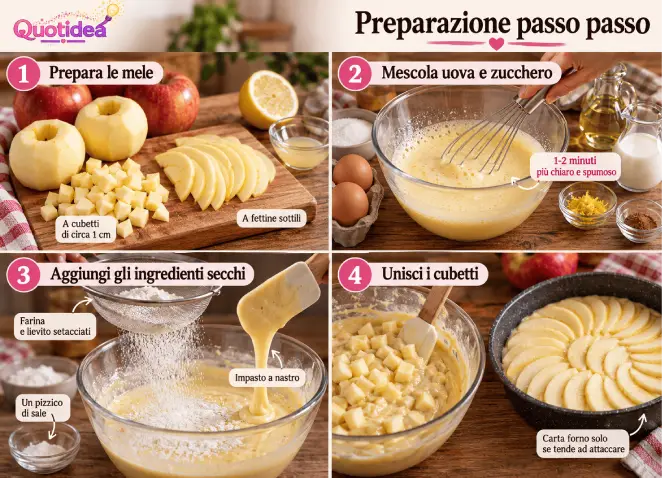 Preparazione passo passo della torta di mele in padella con mele a cubetti e fettine, impasto con uova e zucchero, ingredienti secchi e composizione finale in padella.