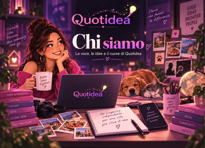 Illustrazione della pagina Chi siamo di Quotidea con una postazione editoriale, laptop, animali, viaggi, cucina e simboli delle diverse aree del magazine.