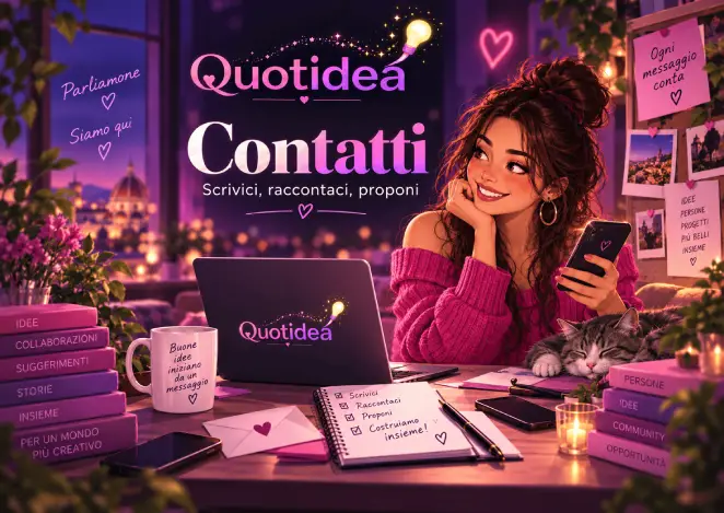 Illustrazione della pagina Contatti di Quotidea con una postazione creativa, laptop, smartphone, appunti, gatto e dettagli che richiamano idee, collaborazioni e comunicazione.