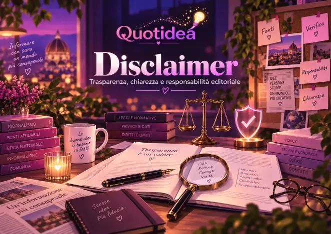 Illustrazione della pagina Disclaimer di Quotidea con documenti, bilancia, lente d’ingrandimento, libri e simboli legati a trasparenza, verifica delle fonti e responsabilità editoriale.
