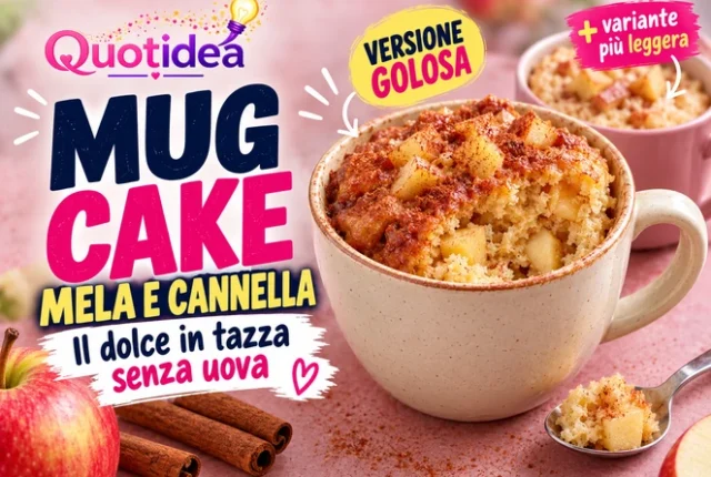Due mug cake alla mela e cannella con logo Quotidea e indicazioni della versione golosa e della variante più leggera