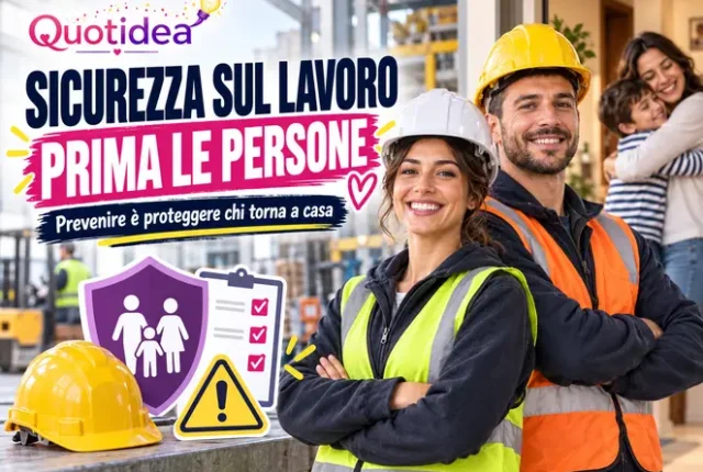 Manifesto Quotidea sulla sicurezza sul lavoro con lavoratrici e lavoratori, casco, segnali di prevenzione e famiglia che attende a casa