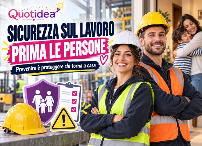 Manifesto Quotidea sulla sicurezza sul lavoro con lavoratrici e lavoratori, casco, segnali di prevenzione e famiglia che attende a casa