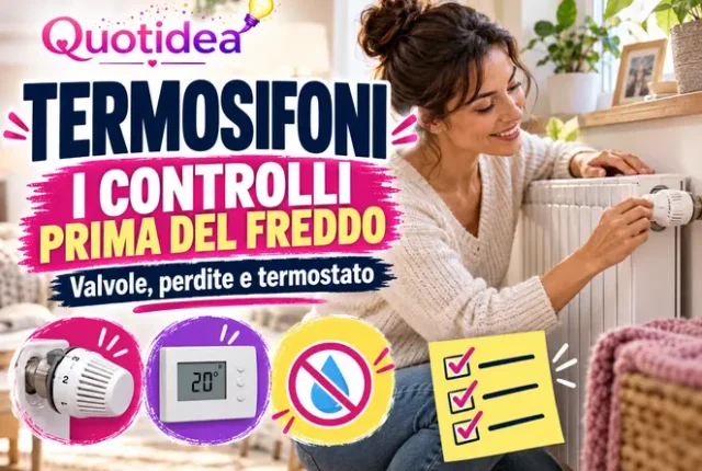 Manifesto Quotidea con donna che controlla un termosifone, termostato, valvola, goccia e simboli dei controlli prima dell’inverno