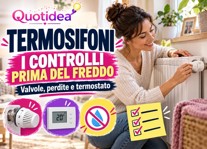Manifesto Quotidea con donna che controlla un termosifone, termostato, valvola, goccia e simboli dei controlli prima dell’inverno