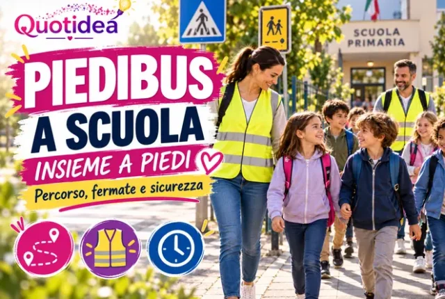 Manifesto Quotidea con bambini e adulti che camminano verso scuola lungo un percorso Piedibus con fermate e attraversamento sicuro