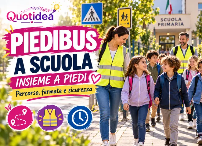 Manifesto Quotidea con bambini e adulti che camminano verso scuola lungo un percorso Piedibus con fermate e attraversamento sicuro