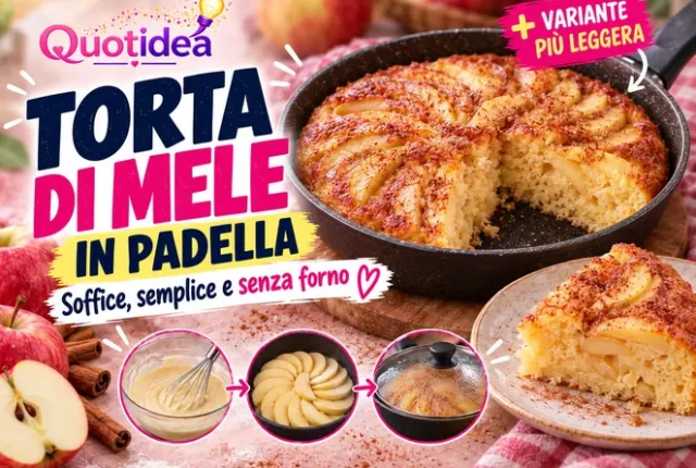 Manifesto Quotidea con torta di mele dorata in padella, fettina servita, mele, cannella e piccoli passaggi della preparazione
