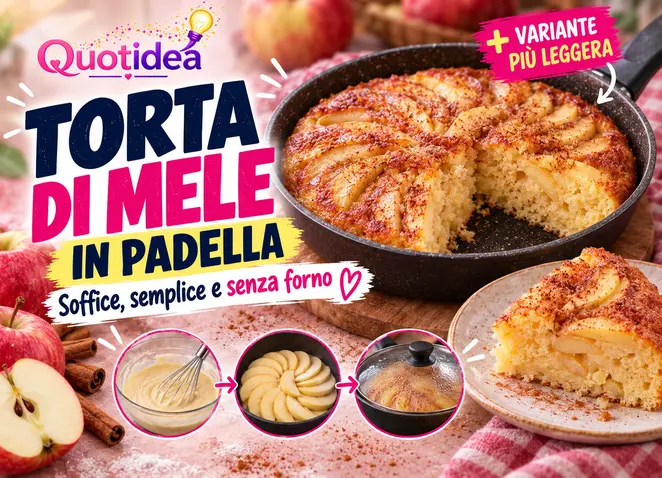 Manifesto Quotidea con torta di mele dorata in padella, fettina servita, mele, cannella e piccoli passaggi della preparazione