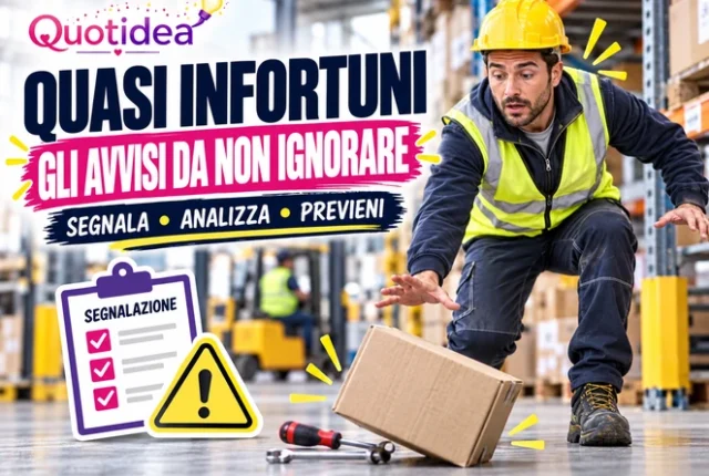 Copertina Quotidea sui quasi infortuni sul lavoro, con lavoratrice, scatola caduta e segnalazione del pericolo.