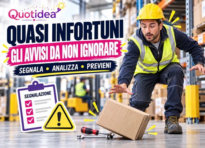 Copertina Quotidea sui quasi infortuni sul lavoro, con lavoratrice, scatola caduta e segnalazione del pericolo.