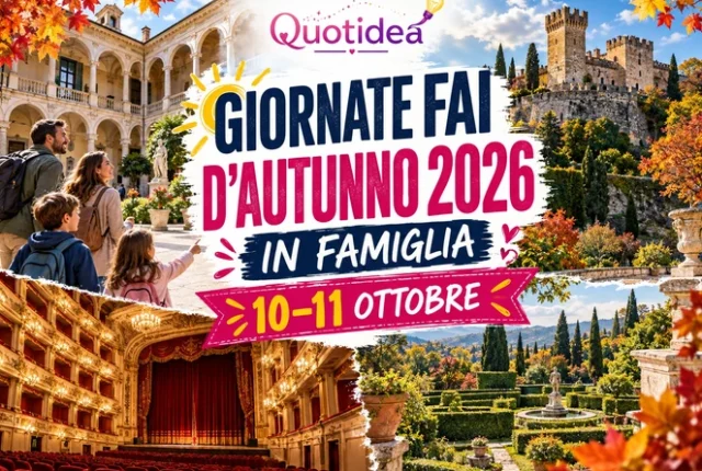 Copertina Quotidea delle Giornate FAI d’Autunno 2026 con famiglia, palazzo storico, castello e giardino italiano.
