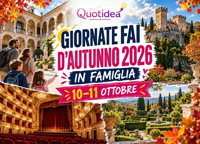 Copertina Quotidea delle Giornate FAI d’Autunno 2026 con famiglia, palazzo storico, castello e giardino italiano.