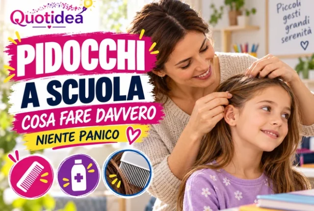 Copertina Quotidea sui pidocchi a scuola con mamma che controlla i capelli di una bambina e indicazioni pratiche.