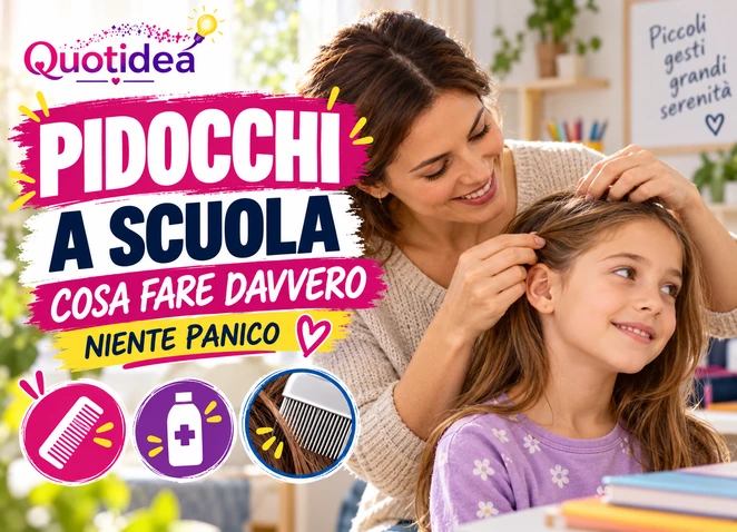 Copertina Quotidea sui pidocchi a scuola con mamma che controlla i capelli di una bambina e indicazioni pratiche.