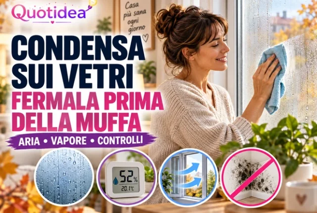Copertina Quotidea con donna davanti a una finestra appannata, gocce, igrometro e ricambio d’aria.