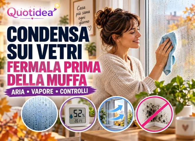 Copertina Quotidea con donna davanti a una finestra appannata, gocce, igrometro e ricambio d’aria.