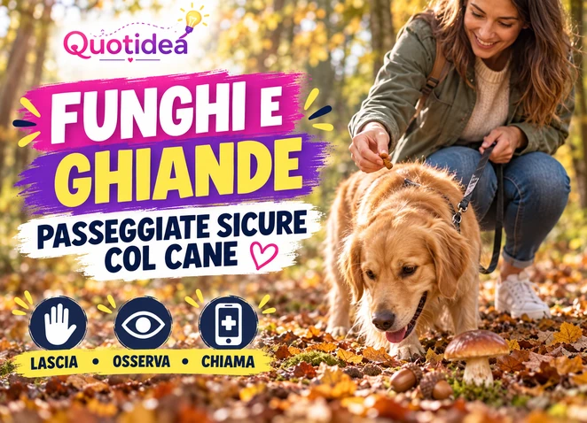 Copertina Quotidea con cane durante una passeggiata autunnale, funghi e ghiande a terra e richiamo a cosa fare.