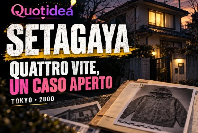 Copertina editoriale con casa giapponese al crepuscolo, una felpa raffigurata in un fascicolo e il titolo Setagaya