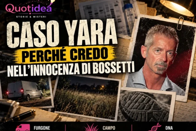 Copertina Quotidea con ritratto di Massimo Bossetti e immagini editoriali di un campo, un furgone e una suola