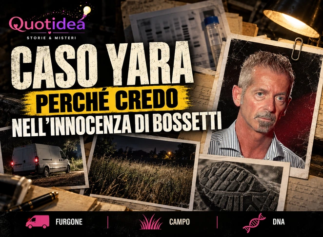 Copertina Quotidea con ritratto di Massimo Bossetti e immagini editoriali di un campo, un furgone e una suola