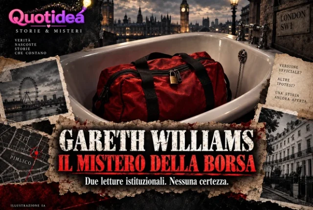 Illustrazione del caso Gareth Williams: borsa rossa chiusa con lucchetto in una vasca, sullo sfondo Londra.