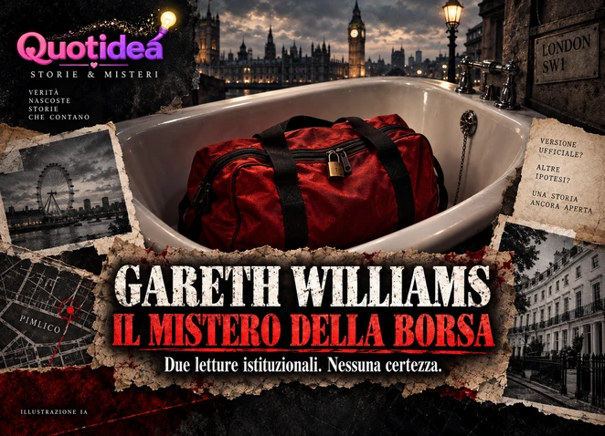 Illustrazione del caso Gareth Williams: borsa rossa chiusa con lucchetto in una vasca, sullo sfondo Londra.