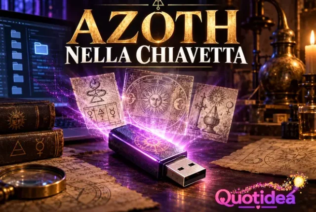 Chiavetta USB circondata da tavole e simboli alchemici per l’articolo sull’Azoth e il caso Garlasco