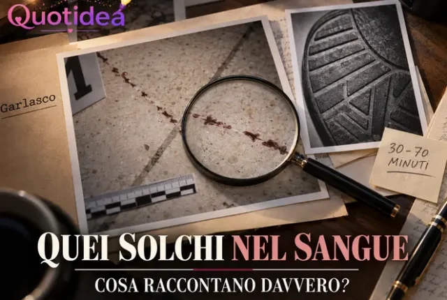 Fotografie investigative con tracce ematiche, lente d’ingrandimento e dettaglio di una suola nel caso Garlasco