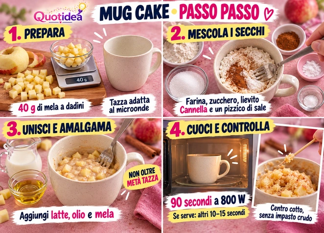 Preparazione della mug cake mela e cannella in quattro passaggi: tagliare la mela, mescolare gli ingredienti secchi, aggiungere latte e olio e cuocere al microonde.