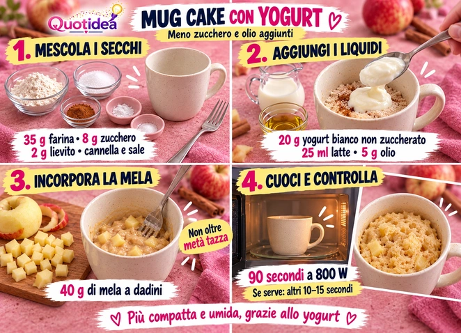 Mug cake mela e yogurt in quattro passaggi: ingredienti secchi, aggiunta di yogurt, latte e olio, mela a dadini e cottura al microonde.