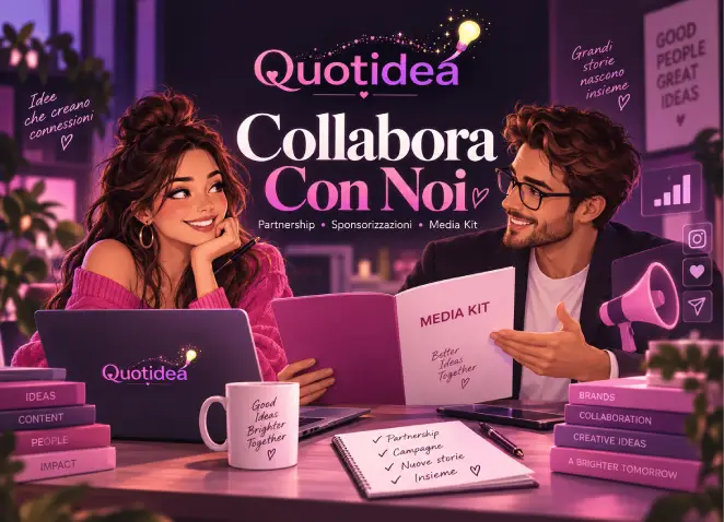 Illustrazione Quotidea dedicata alle collaborazioni, con due professionisti che lavorano insieme a un Media Kit tra laptop, strumenti digitali e simboli di comunicazione.