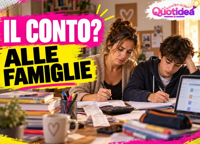 Madre che aiuta il figlio adolescente con i compiti tra libri, ricevute e spese scolastiche.