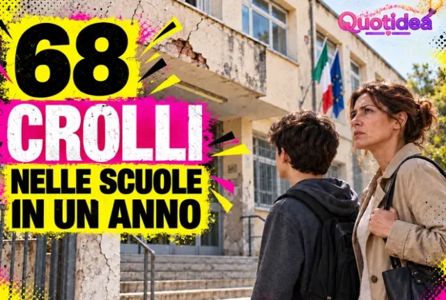 Madre e figlio davanti a un edificio scolastico danneggiato con la scritta 68 crolli nelle scuole in un anno.