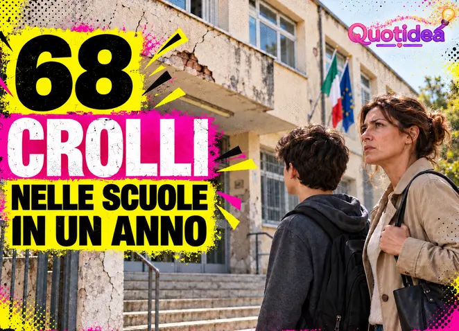 Madre e figlio davanti a un edificio scolastico danneggiato con la scritta 68 crolli nelle scuole in un anno.