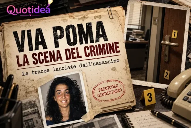 Copertina editoriale sulla scena del crimine di Via Poma con Simonetta Cesaroni, la porta dell’ufficio e il telefono