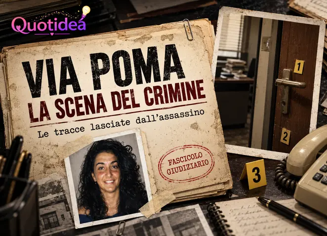 Copertina editoriale sulla scena del crimine di Via Poma con Simonetta Cesaroni, la porta dell’ufficio e il telefono