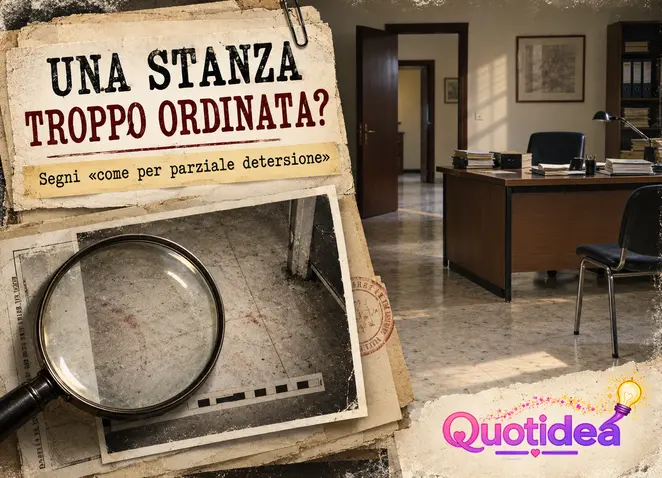 Ufficio ordinato e fotografia investigativa del pavimento con segni descritti come possibile parziale detersione