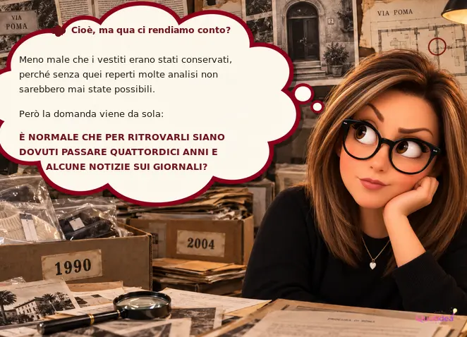 Caricatura realistica dell’autrice davanti ai vestiti di Simonetta Cesaroni conservati dal 1990 e recuperati per le analisi nel 2004