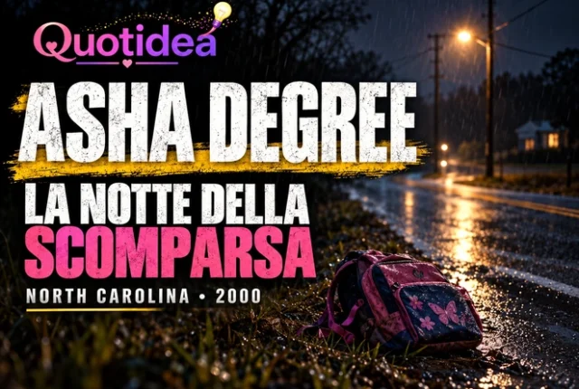 Strada notturna bagnata dalla pioggia con zaino scolastico illustrativo e titolo su Asha Degree