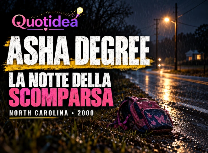 Strada notturna bagnata dalla pioggia con zaino scolastico illustrativo e titolo su Asha Degree