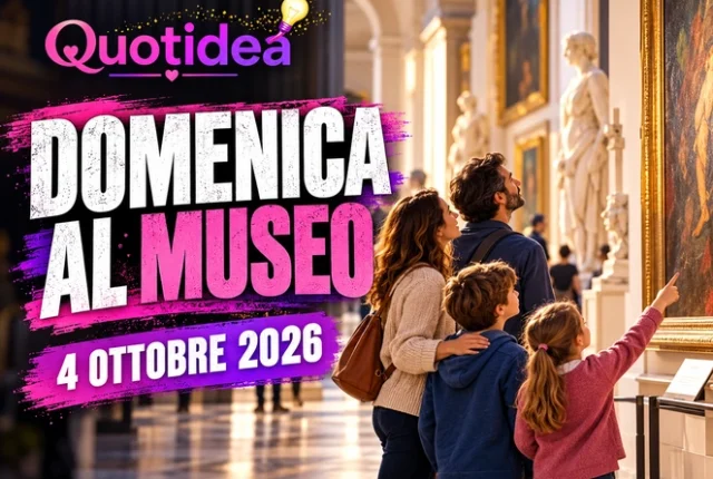 Famiglia con bambini osserva opere in un museo e titolo sulla Domenica al Museo