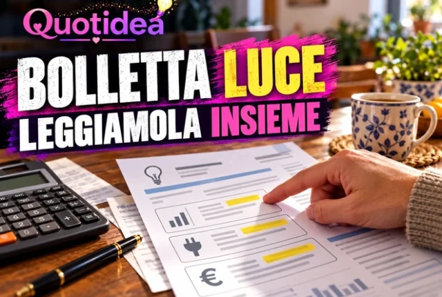 Persona indica le voci di una bolletta luce su un tavolo di casa