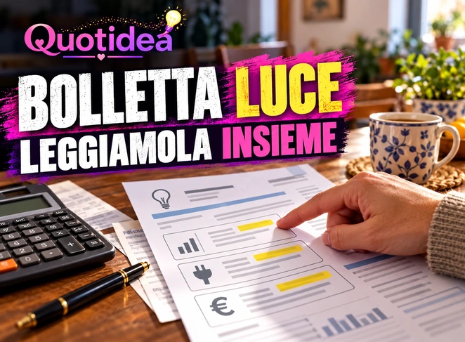 Persona indica le voci di una bolletta luce su un tavolo di casa