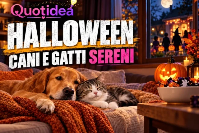 Cane e gatto tranquilli in casa durante una serata di Halloween