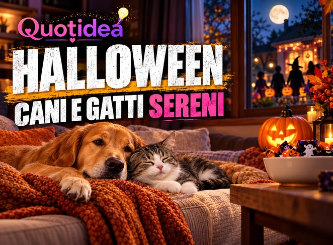 Cane e gatto tranquilli in casa durante una serata di Halloween
