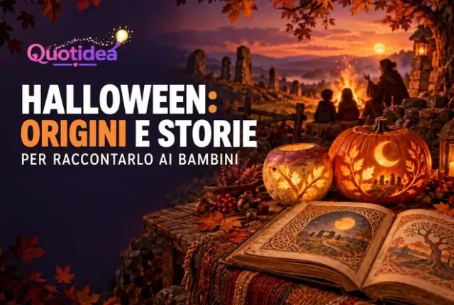 Bambini ascoltano una storia accanto al fuoco con zucca, rapa intagliata e libro illustrato di Halloween